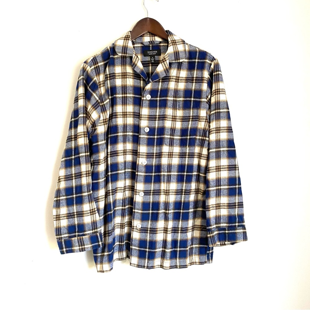 NORDSTROM Mens Small Blue Brown Plaid Long Sleeve Flannel Button Up PP8